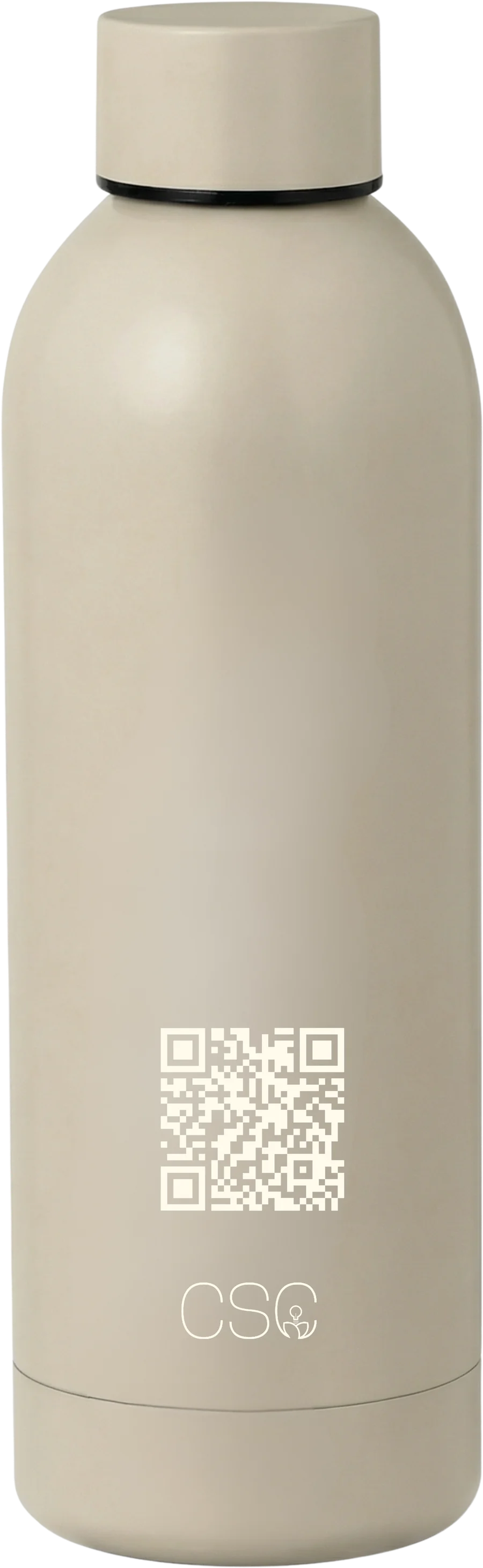 Verso da garrafa Bottle Up com código QR e logótipo da CS'C